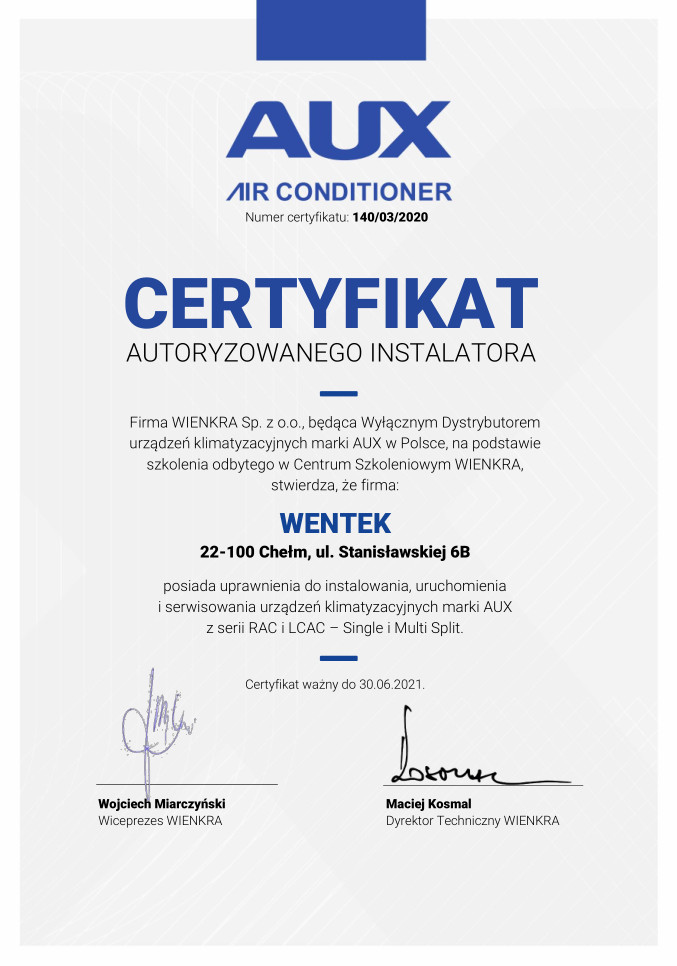 Certyfikat autoryzowanego Instalatora klimatyzatorów marki AUX