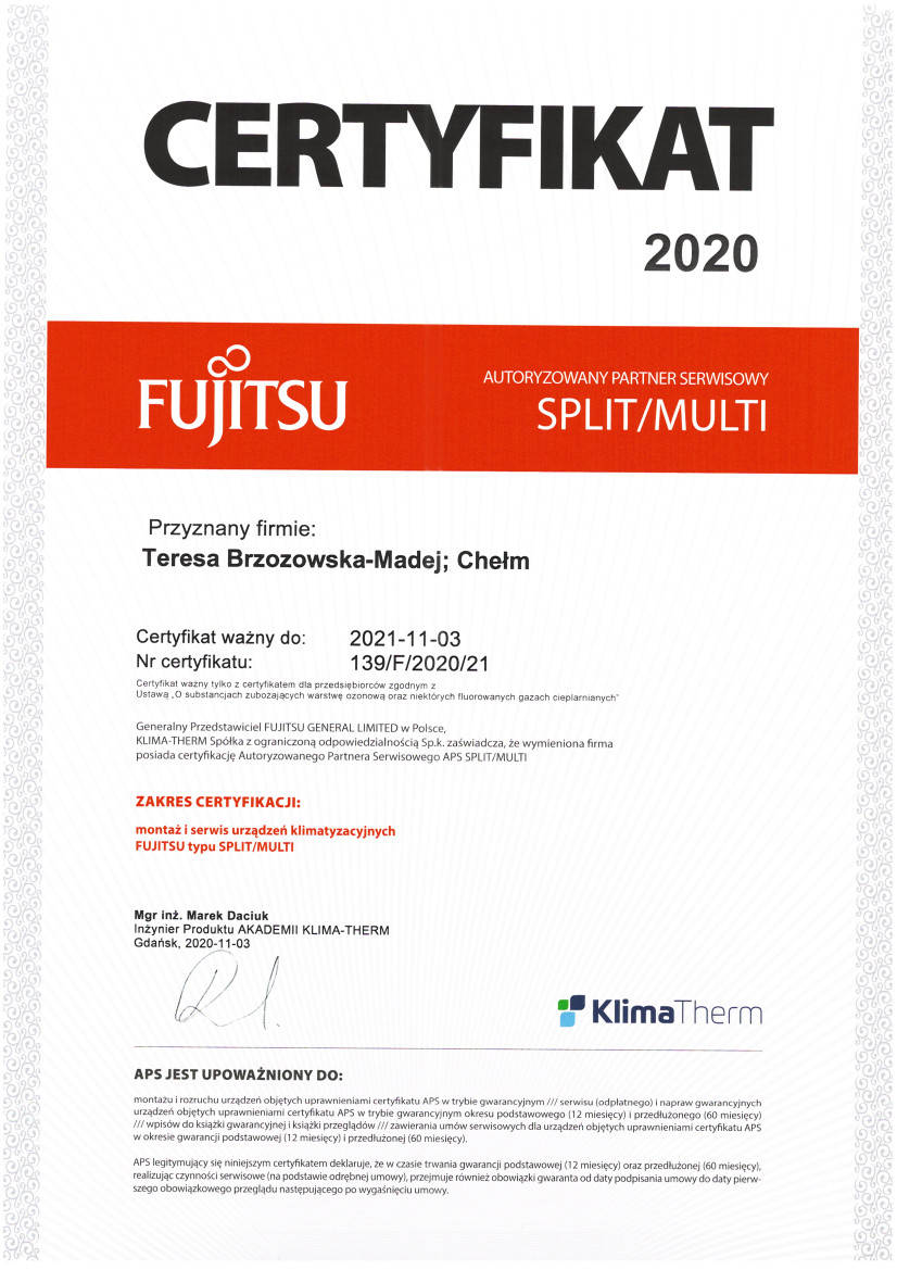 Certyfikat: Autoryzowany Partner Serwisowy Split/Multi Fujitsu
