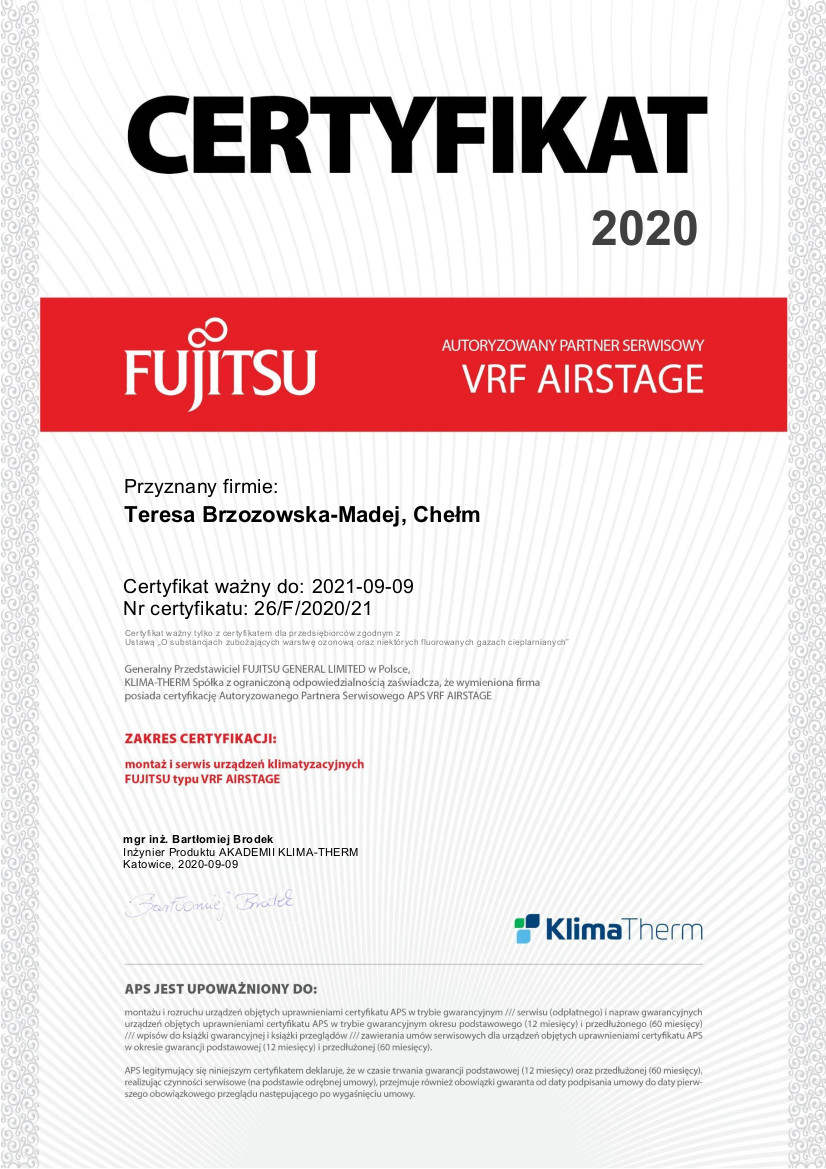 Certyfikat: Autoryzowany Partner Serwisowy VRF Airstage Fujitsu