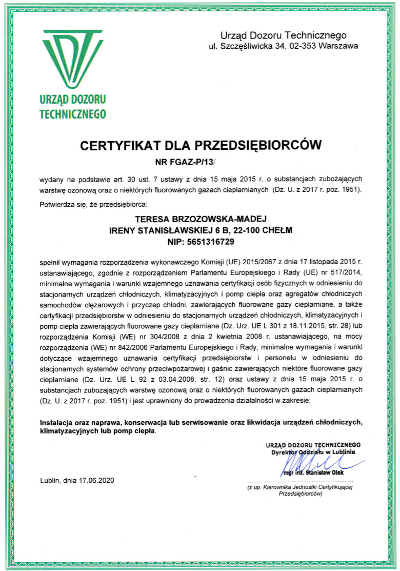 certyfikat fgaz dla przedsiebiorcóww