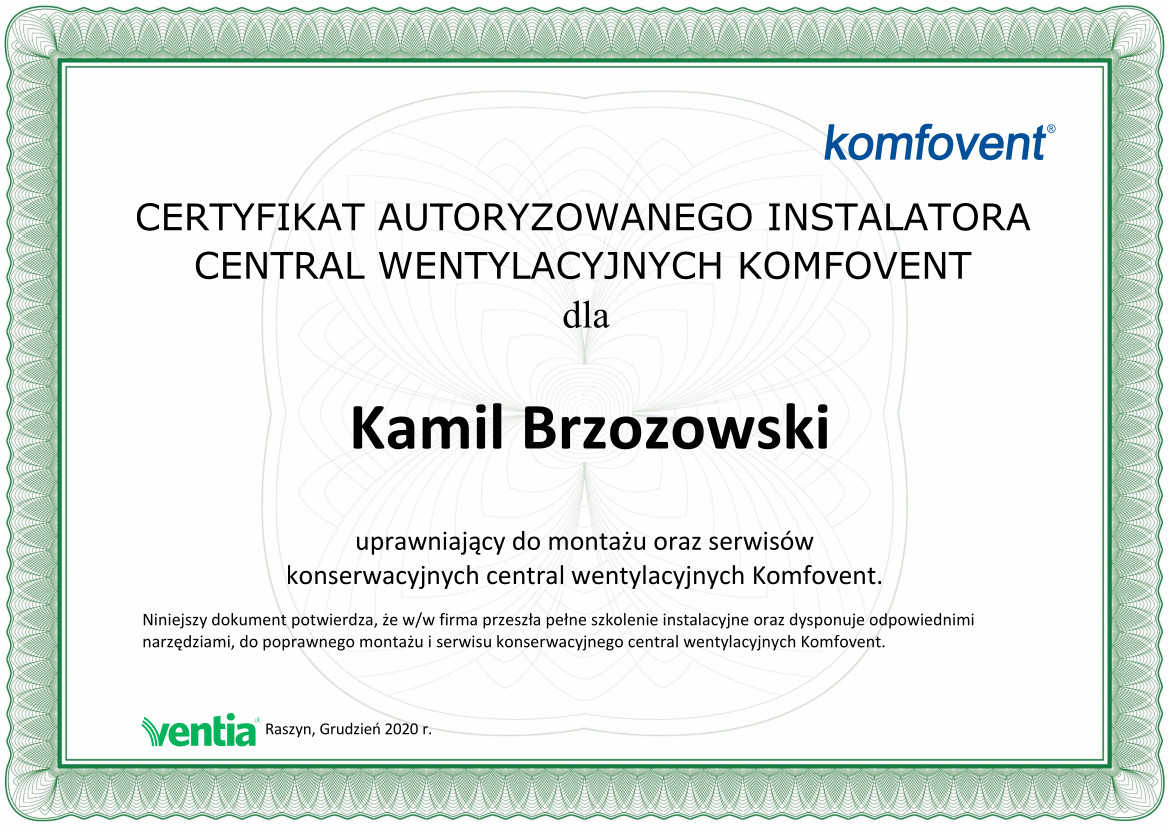 Certyfikat Autoryzowanego Instalatora Central Wentylacyjnych Komfovent