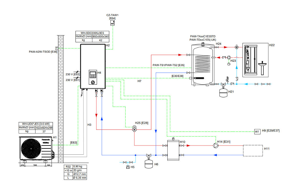 Schemat układu SPLIT z wykorzystaneim pompy ciepła Panasonic High Performance 3-5kW, ze zbiornikiem buforowym, zbiornikiem CWU i jedną strefą grzewczą h